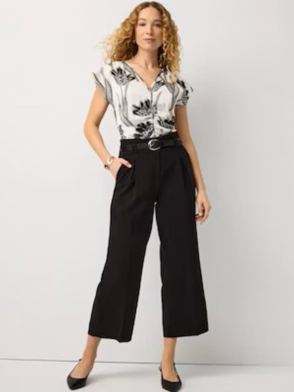 WHBM Pleated Cropped Wide Leg Pant Black Size 12